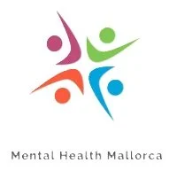 Logo for Mental Health Mallorca featuring four colorful, abstract human figures with outstretched arms in purple, green, orange, and blue, forming a circle with the organization name below.
