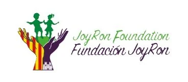 Logo of the Joy Ron Foundation, featuring a tree with three children in green on top and colorful, striped branches.