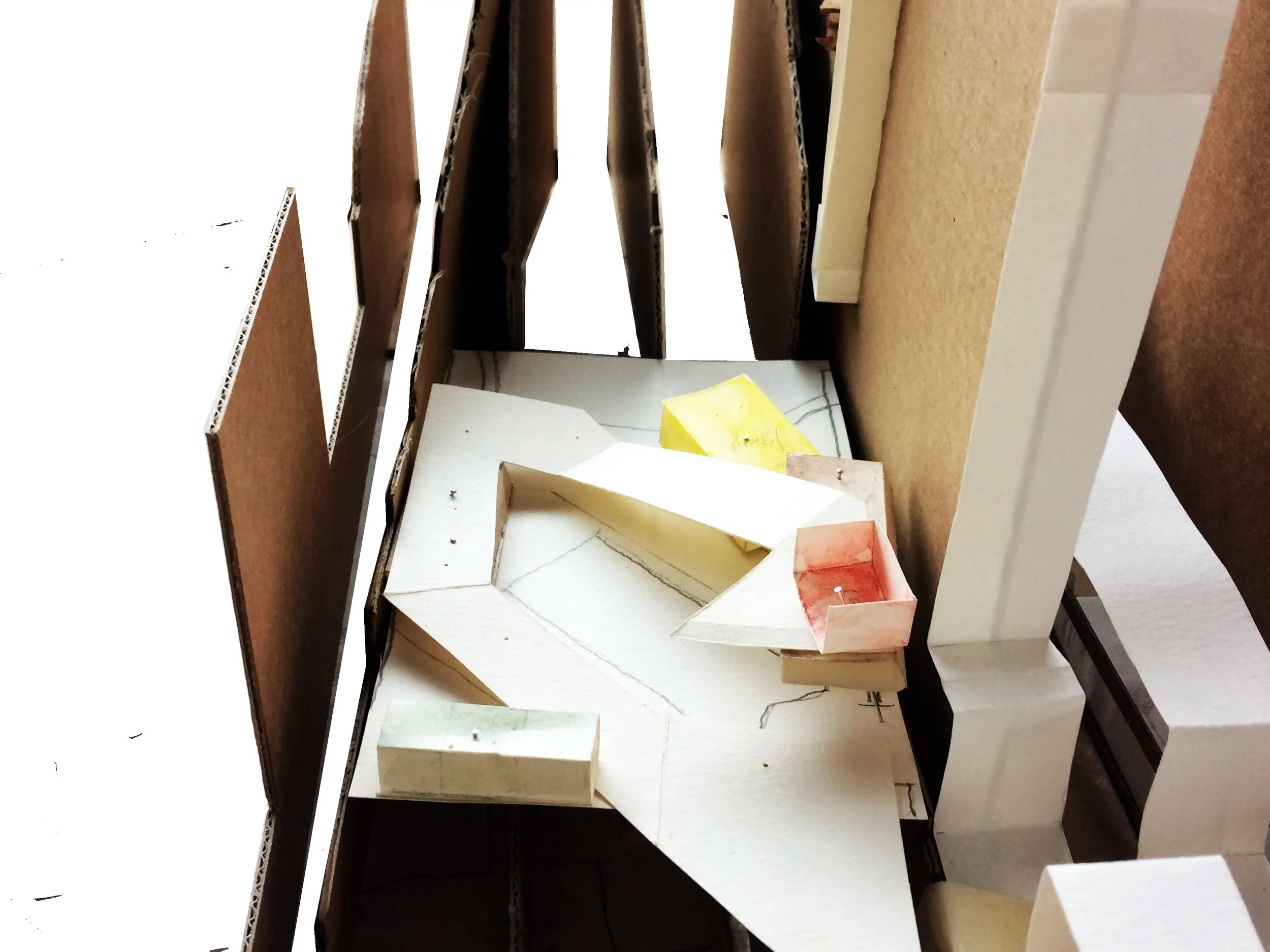 ramp connecting rooms within site sections, context concept model