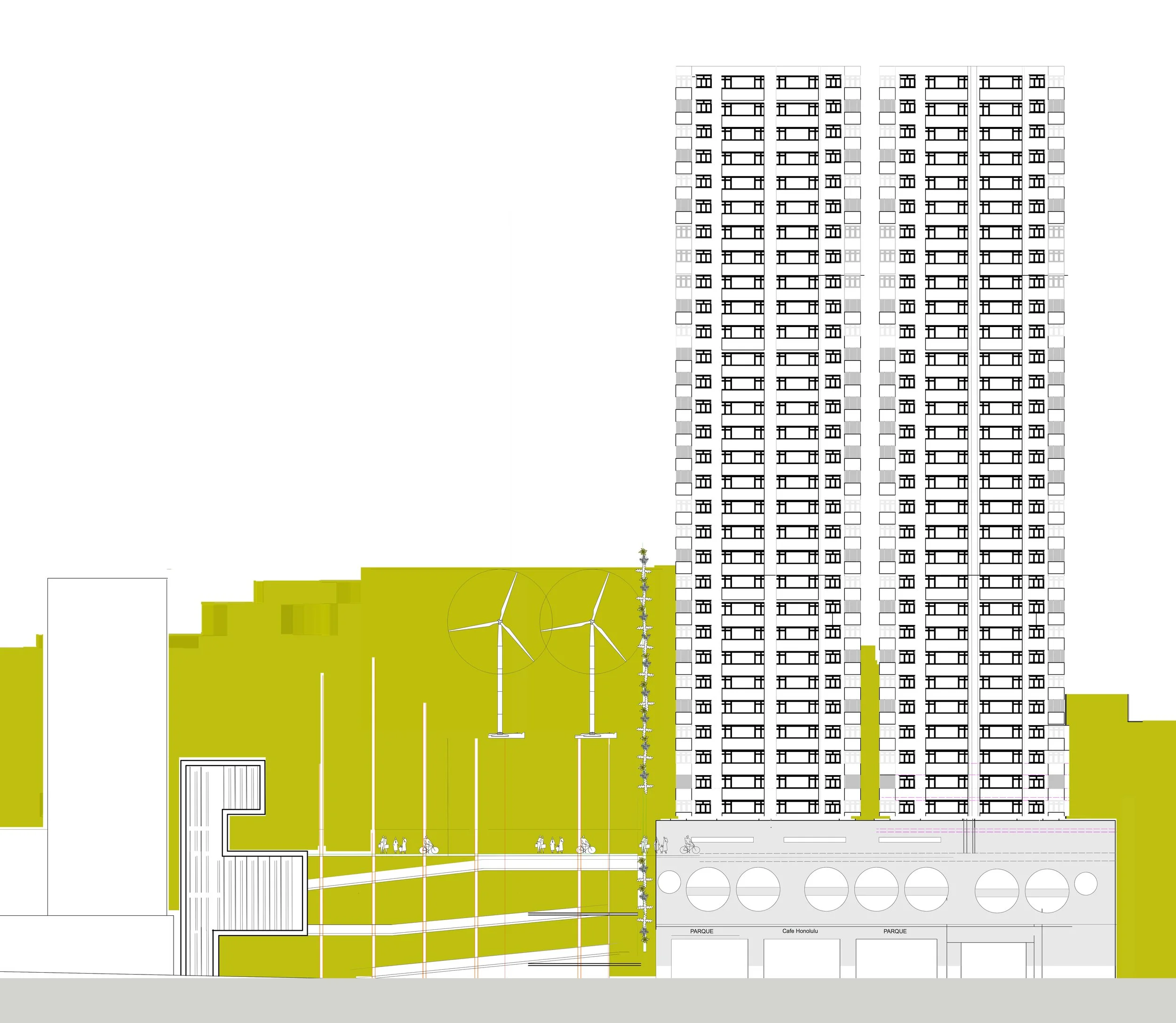 conceptual street elevation, showing relationship to neighbouring buildings & Guia Hill