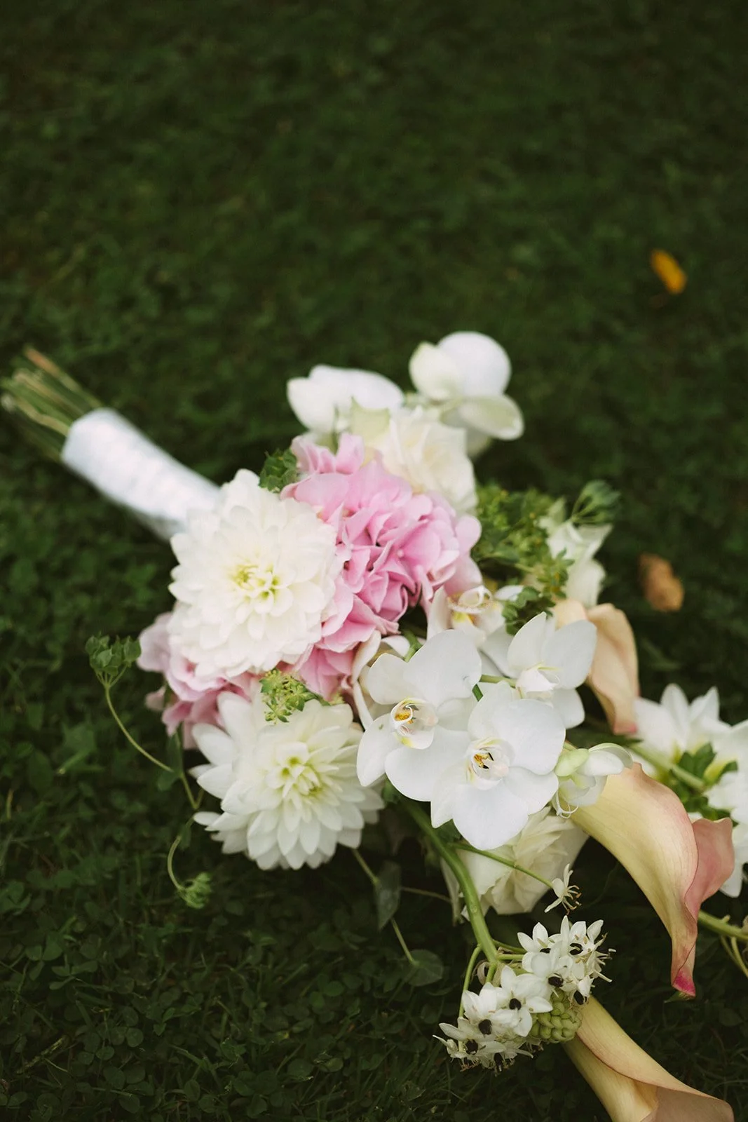 Bukett av hvite, rosa og kremfargede blomster på gress