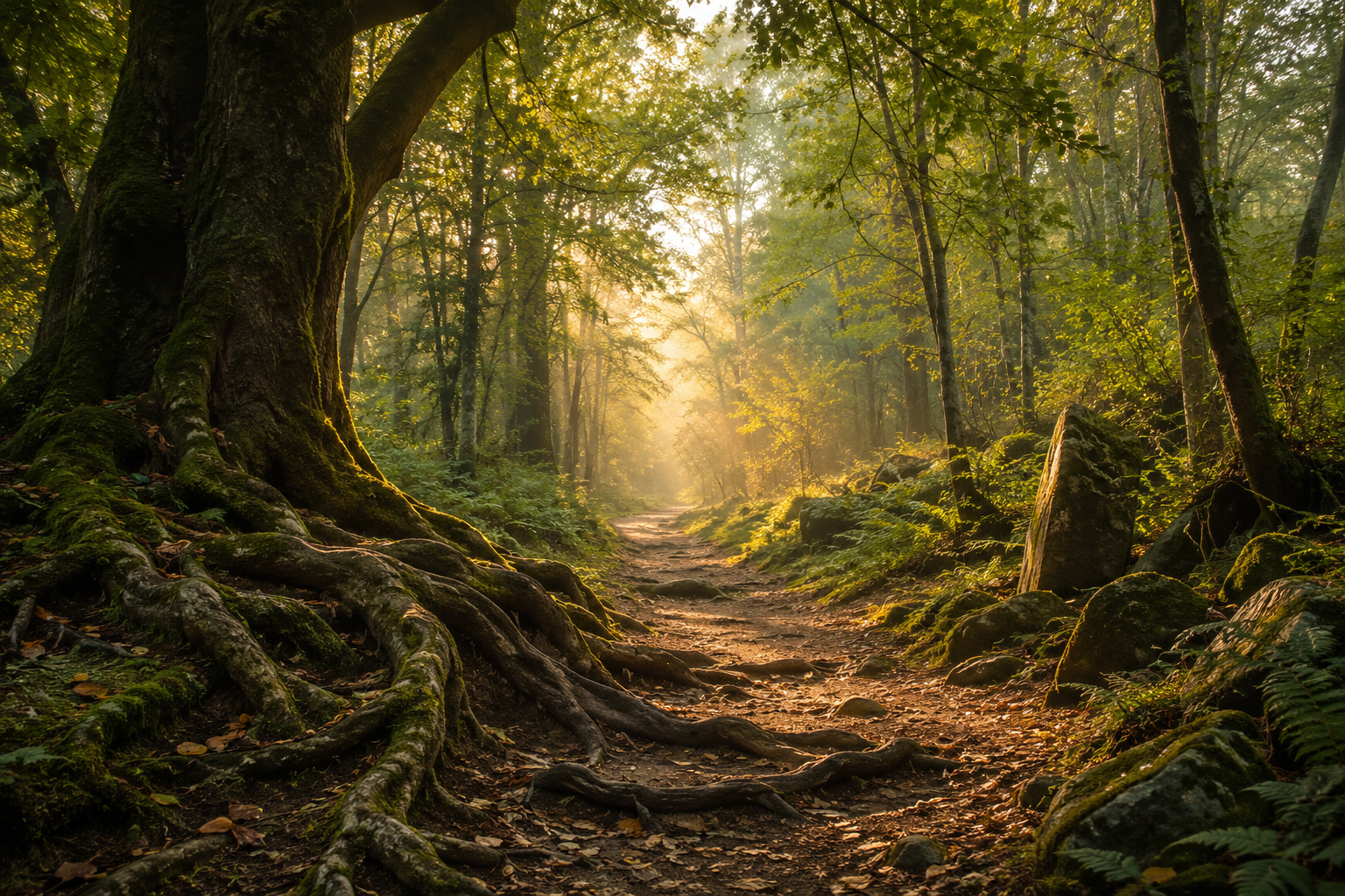 Sunlit woodland path in magical morning haze