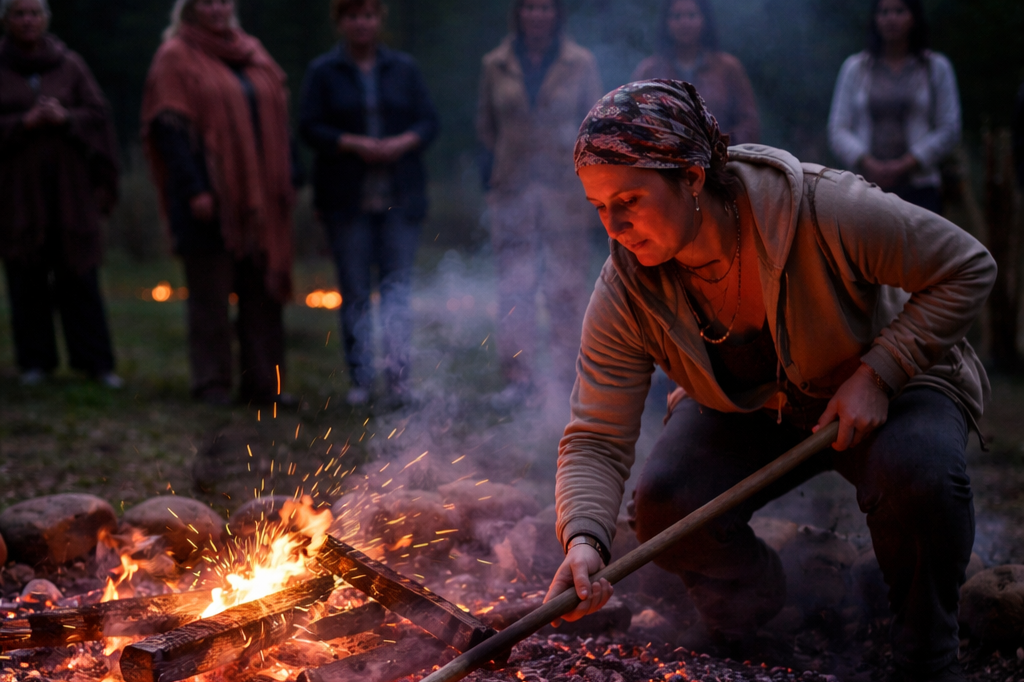 Person tending fire.