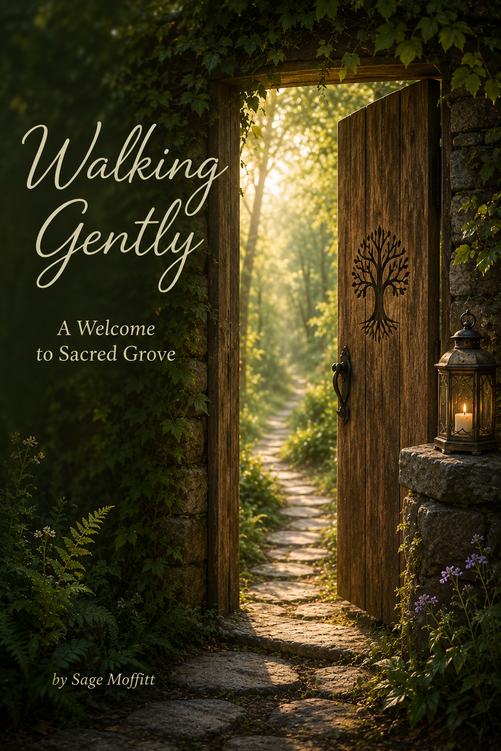 Cover of Walking Gently, a complimentary Sacred Grove guide, featuring a soft woodland doorway image with the title and author name Sage Moffitt.