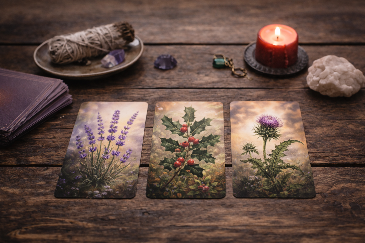 Three botanical oracle cards on a wooden table with a candle.