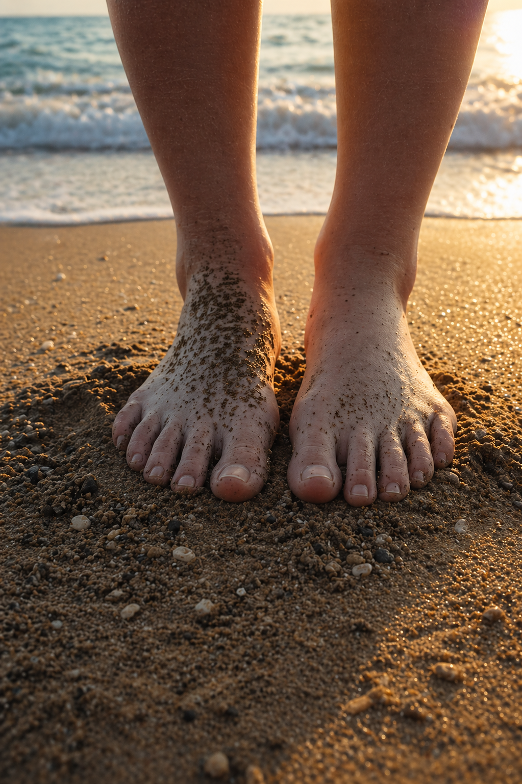 Bare feet standing on sand at the edge of the water, emphasizing grounding and connection with the earth.