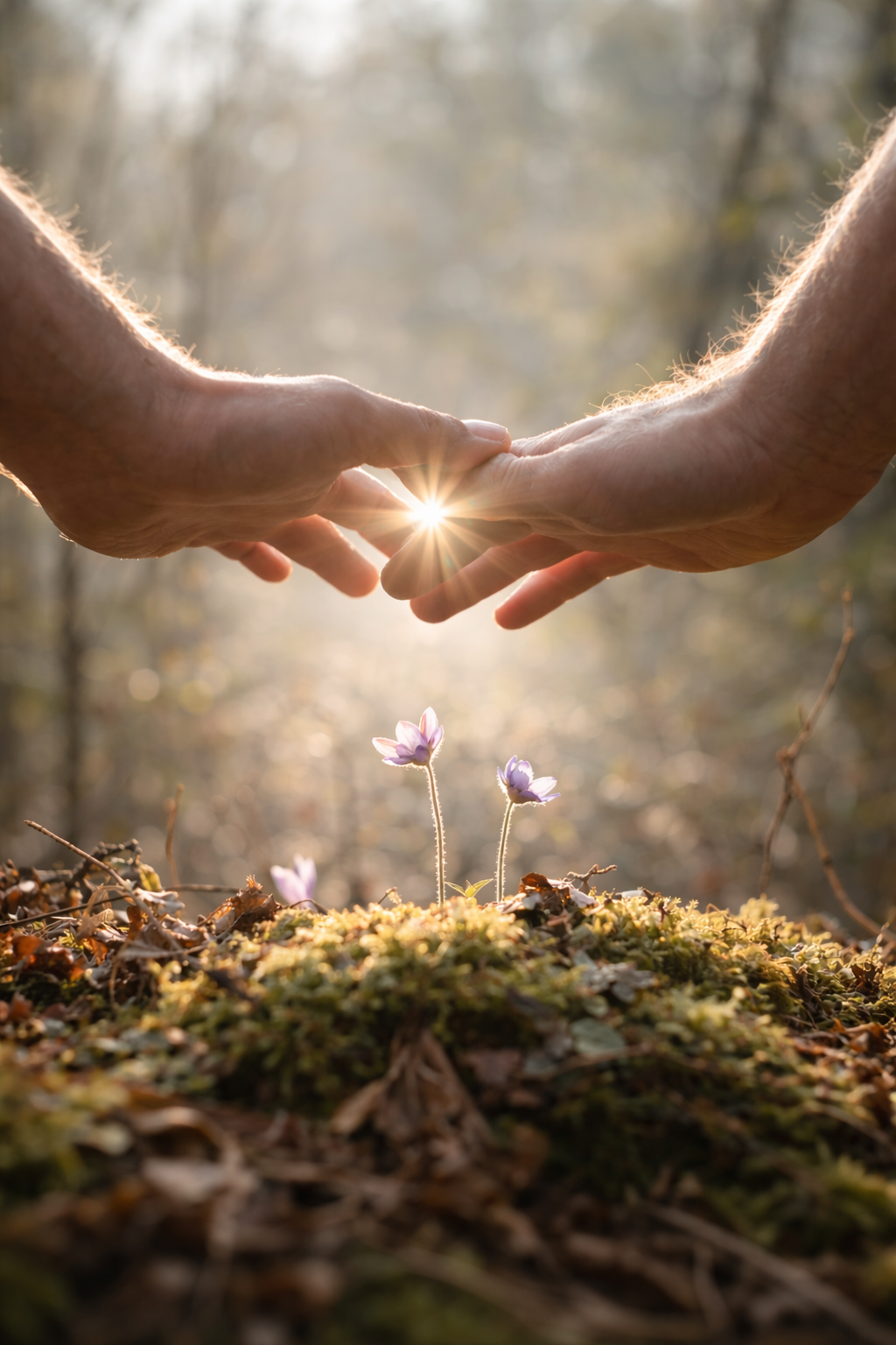 Two hands above mossy grass