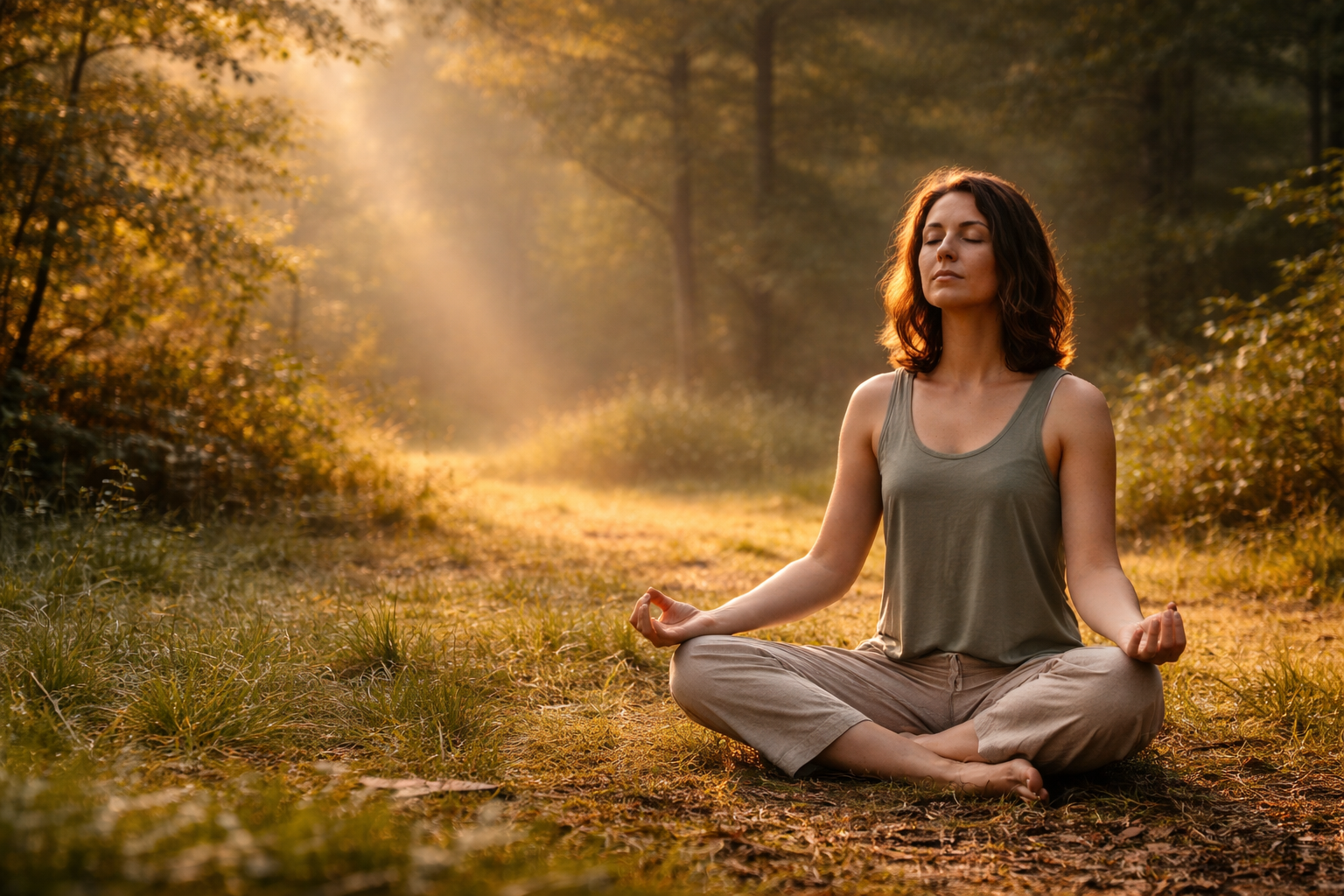 A dirt path running through a dense, green forest with sunlight streaming through the trees.