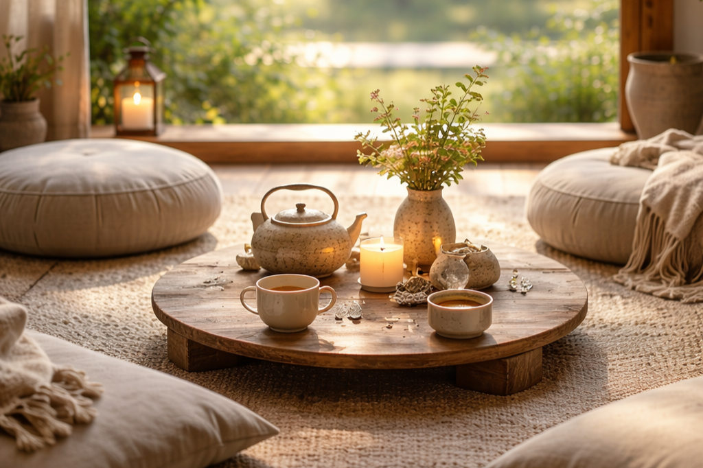 A calm, sunlit gathering space with cushions arranged around a low table set with tea, inviting quiet connection and shared experience.
