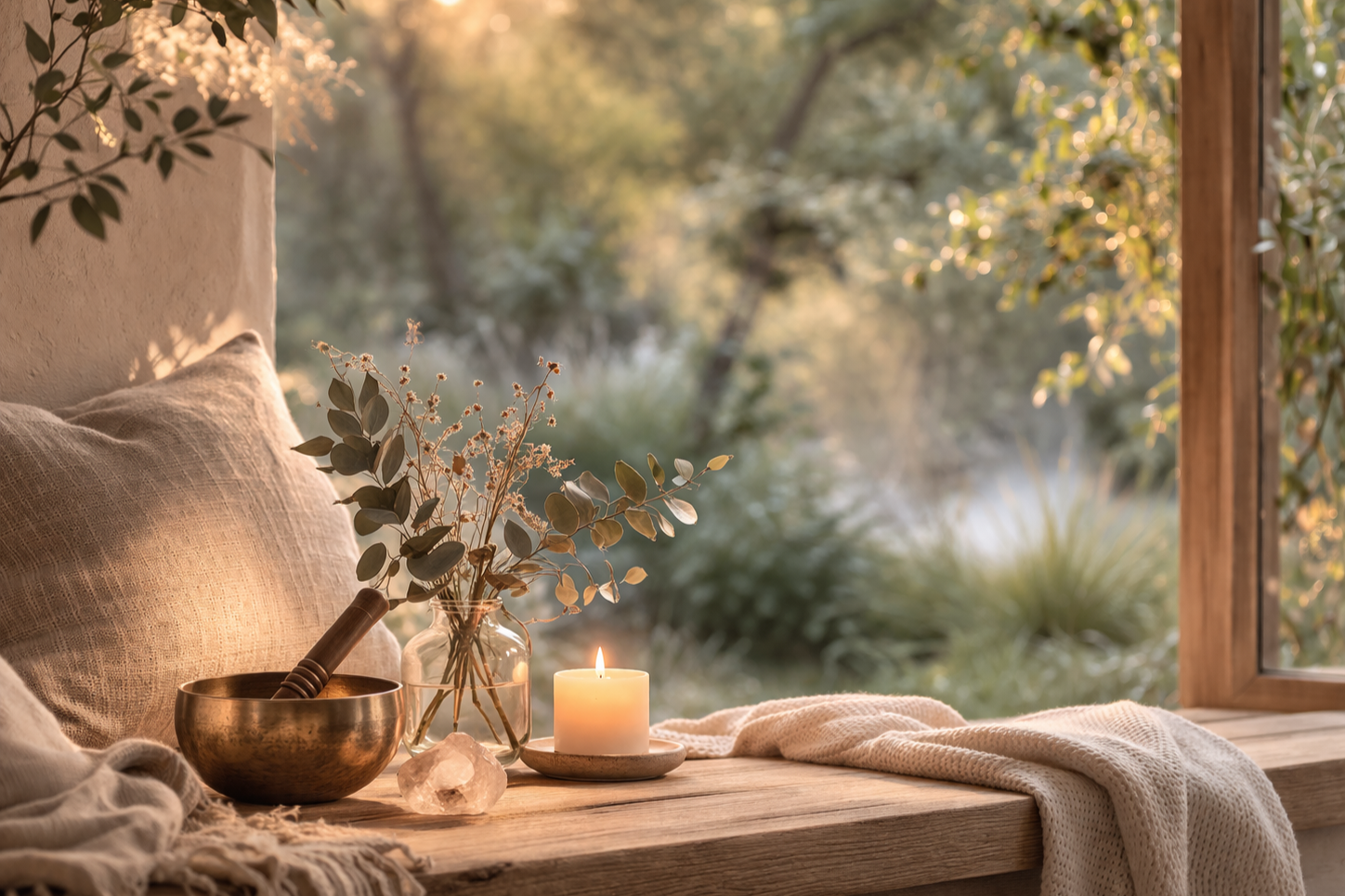A calm, sunlit wellness space with natural textures, soft light, and simple elements arranged to support rest, reflection, and individualized care.
