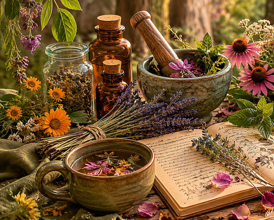 Herbs, jars and journal sitting next to a cup.