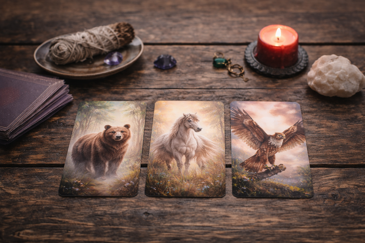 Animal cards arranged on a rustic wooden surface with a candle.