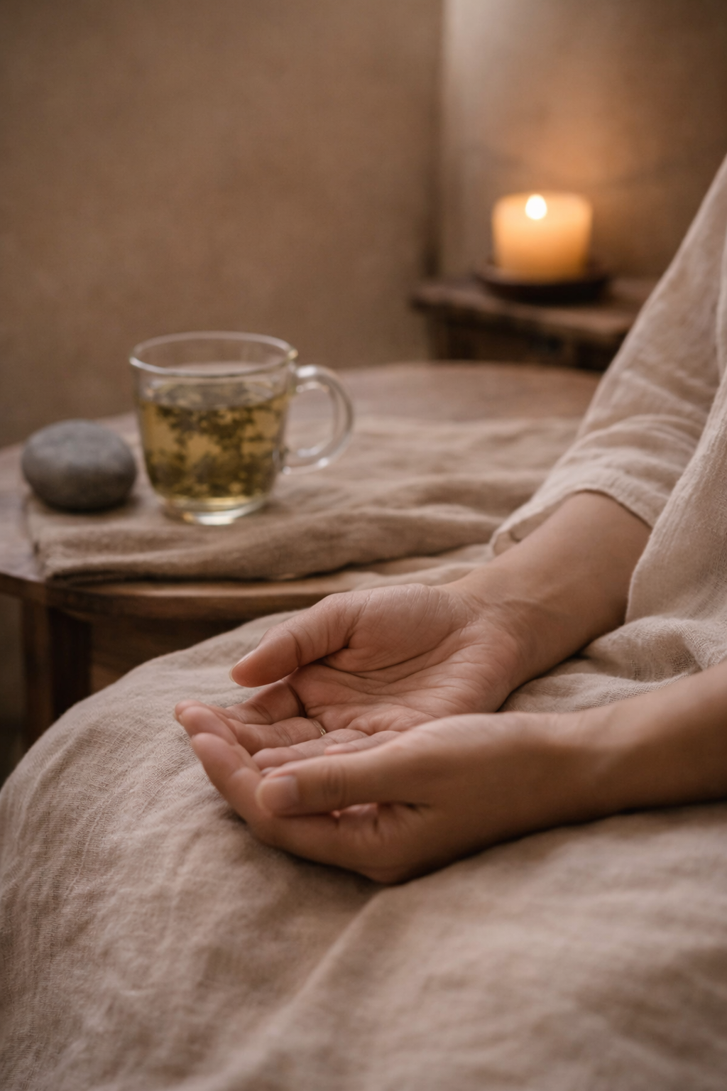 Hands resting in a relaxed position beside a cup of herbal tea