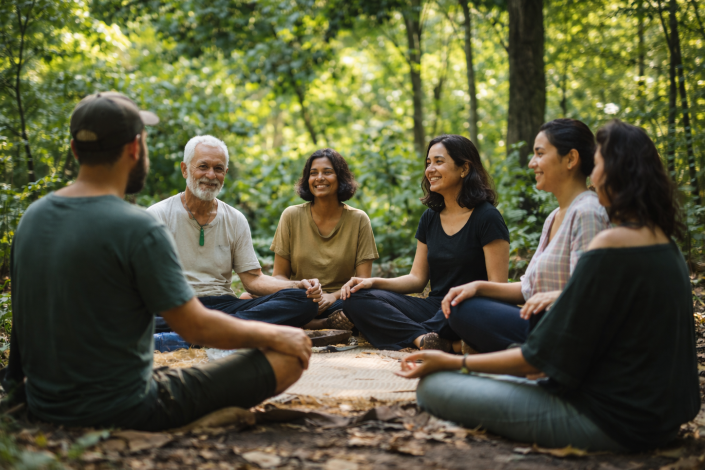 A small group of people sitting together in a forest clearing, engaged in a calm, shared conversation or guided experience.