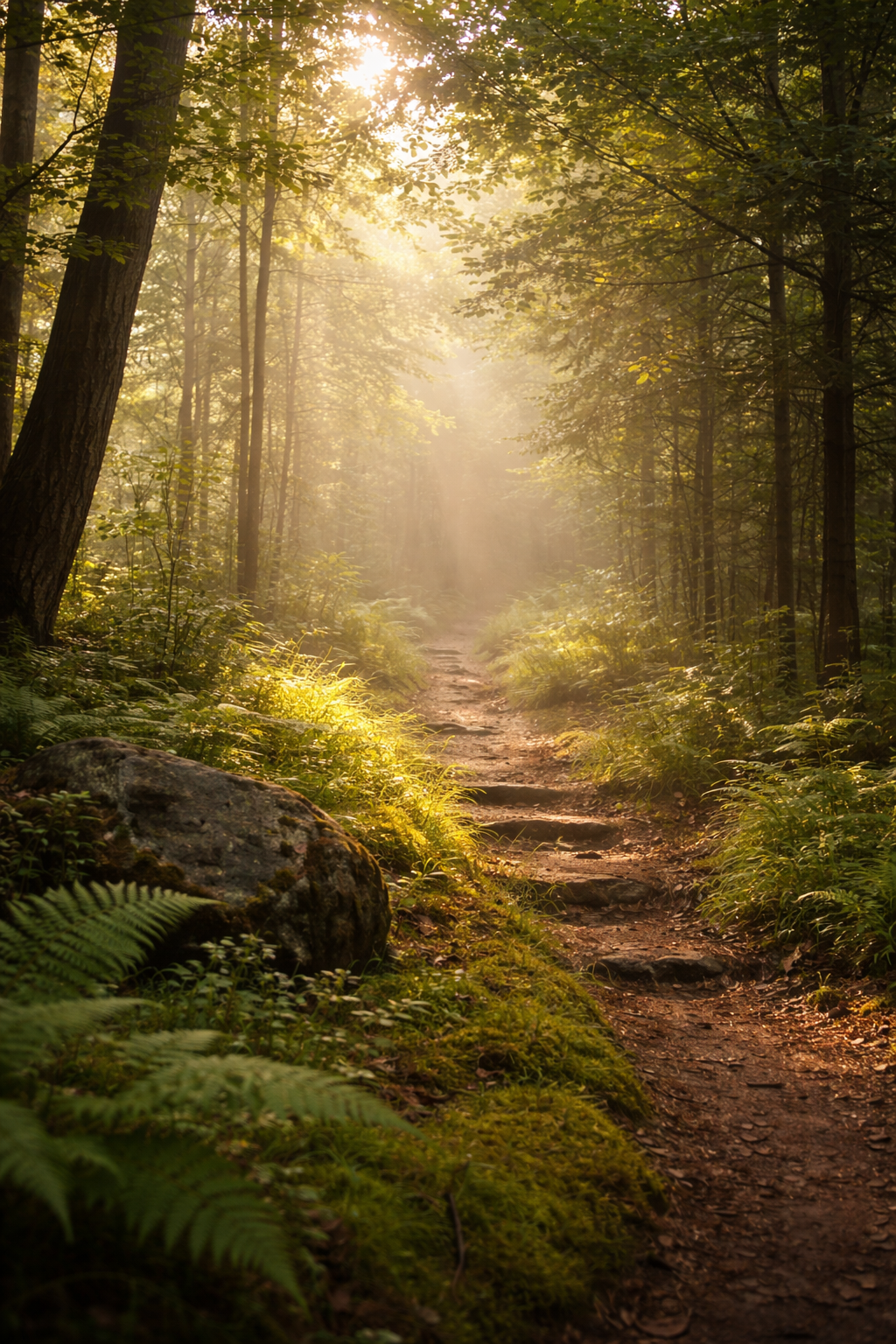 Sunlit forest path with soft morning light filtering through trees, creating a quiet natural setting.