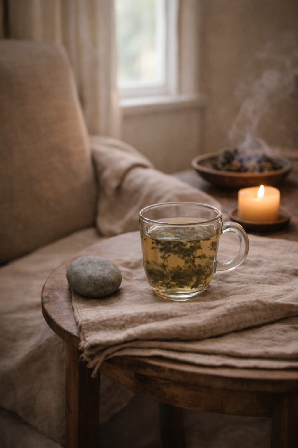 Cup of tea, candle, and stone arranged in a calm indoor setting