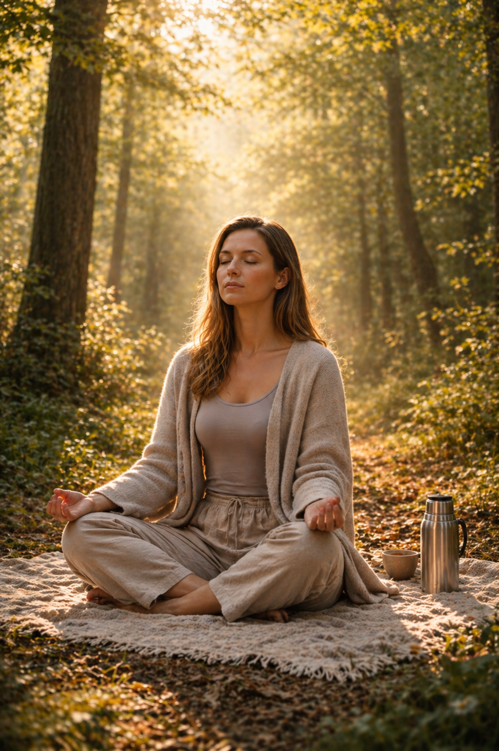 Person sitting quietly in a forest setting with soft morning light, practicing stillness and relaxation