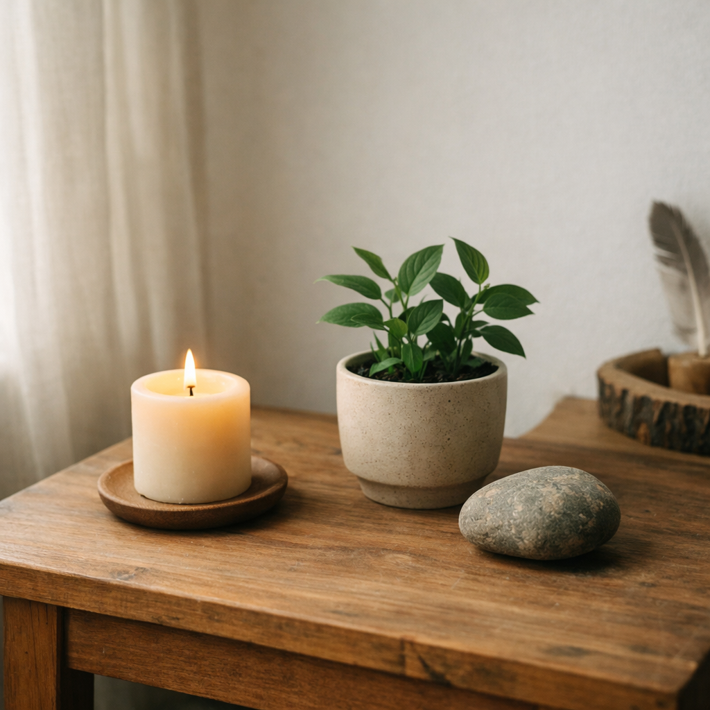 Table with candle, plant, and rock.