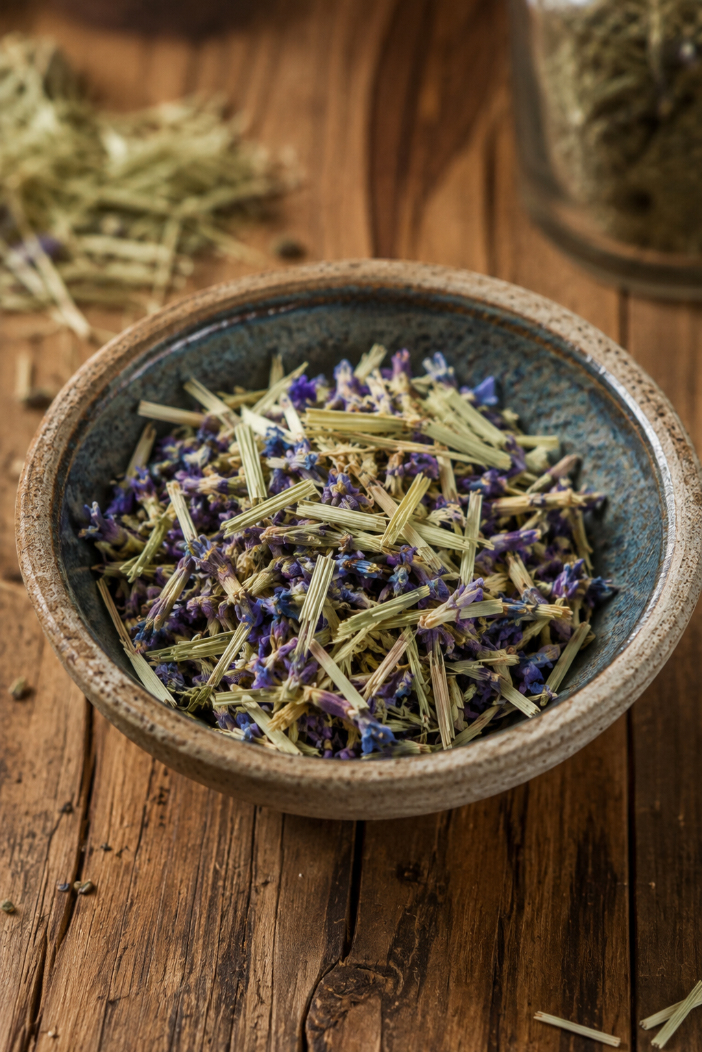 Lavender and oat straw in a rustic bowl