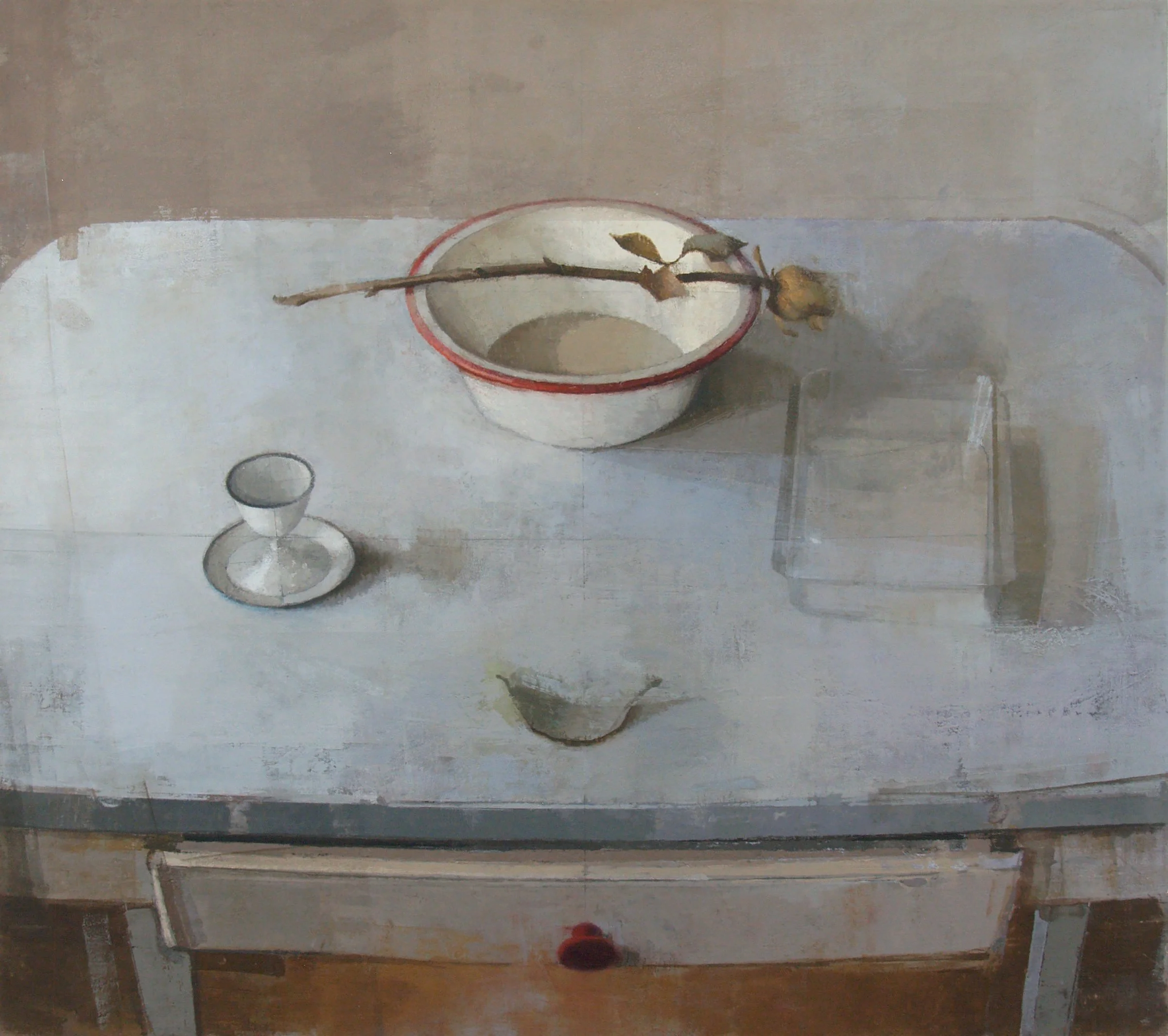 "Rose with Bowl, Egg Cup, and Plastic Container" oil on canvas on panel, 16.25"x18.25"