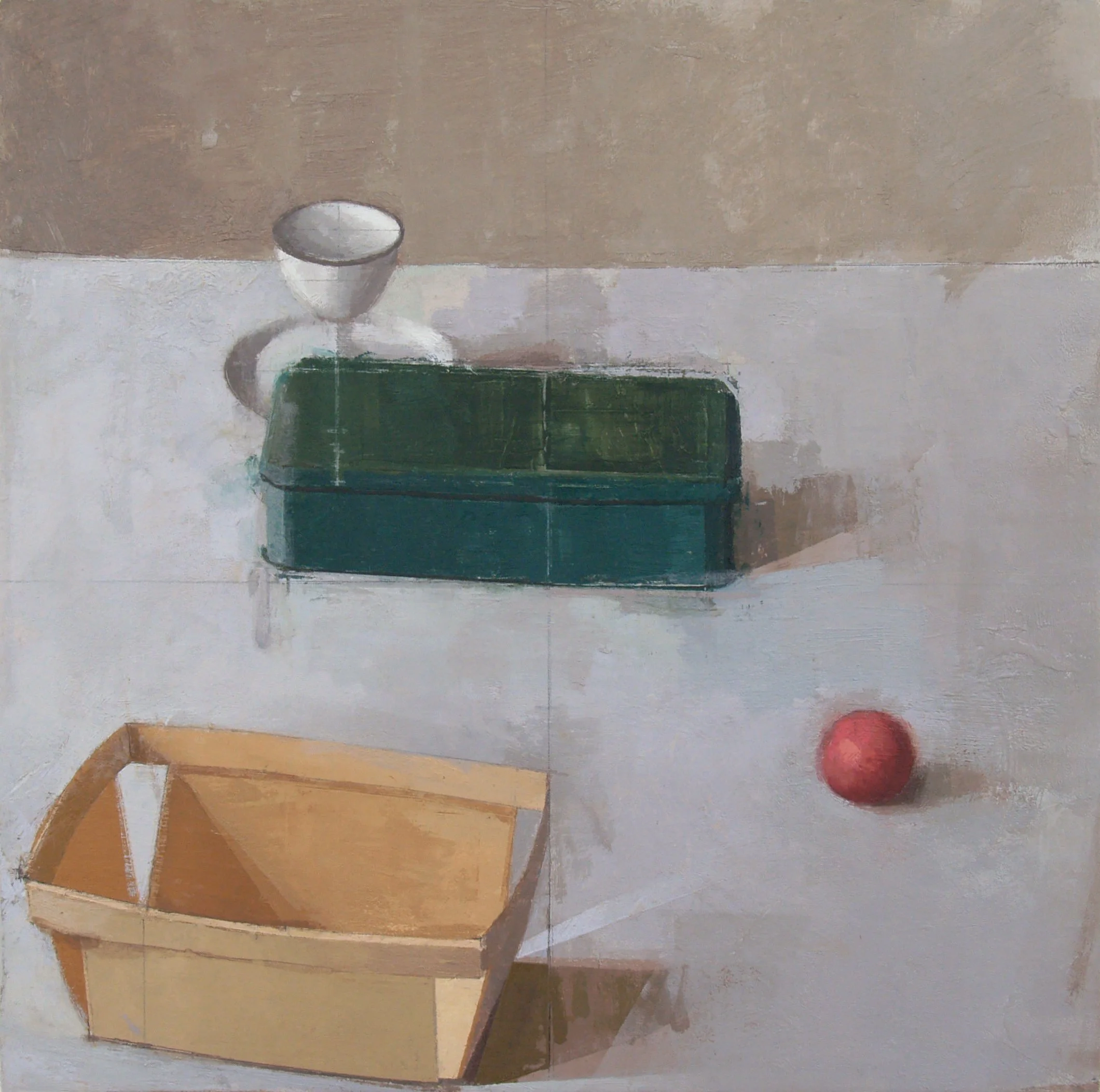 "Green Box with Rubber Ball, Berry Basket, and Egg Cup" oil on canvas on panel, 11"x11"