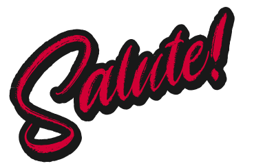 The word "Salute!" in cursive pink text with a black outline on a white background.
