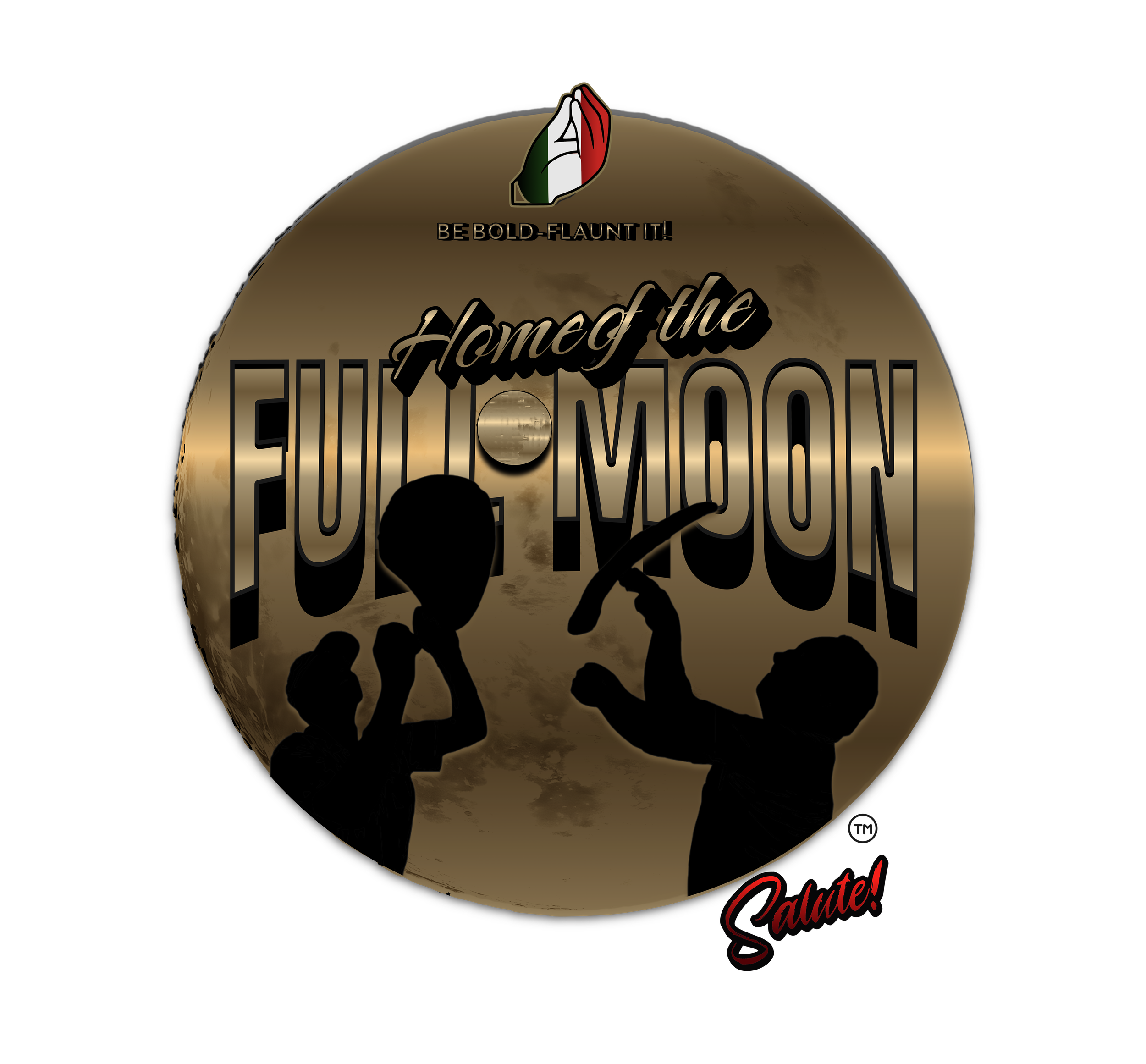 A graphic with a moon background featuring silhouettes of children playing with toys, text reading 'Home of the F*** Moon', a small Italian flag at the top, and 'Salute!' written in red at the bottom.