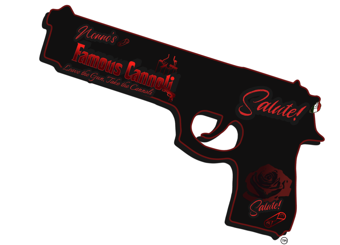 A graphic of a pistol silhouette with a black background and red accents. The gun features the words "Yamoo's Famous Cannoli" and "Leave the Gun, Take the Cannoli" on the barrel. The handle shows a rose and the word "Salute!" twice, one on the barrel and one on the handle, along with an Italian flag on the side.