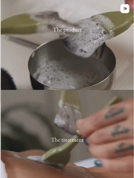 Two images showing a skincare treatment process. The first image shows a foam or cream being applied from a spatula onto a surface labeled 'The product.' The second image shows the same product being applied directly onto a person's skin with a spatula, labeled 'The treatment.'