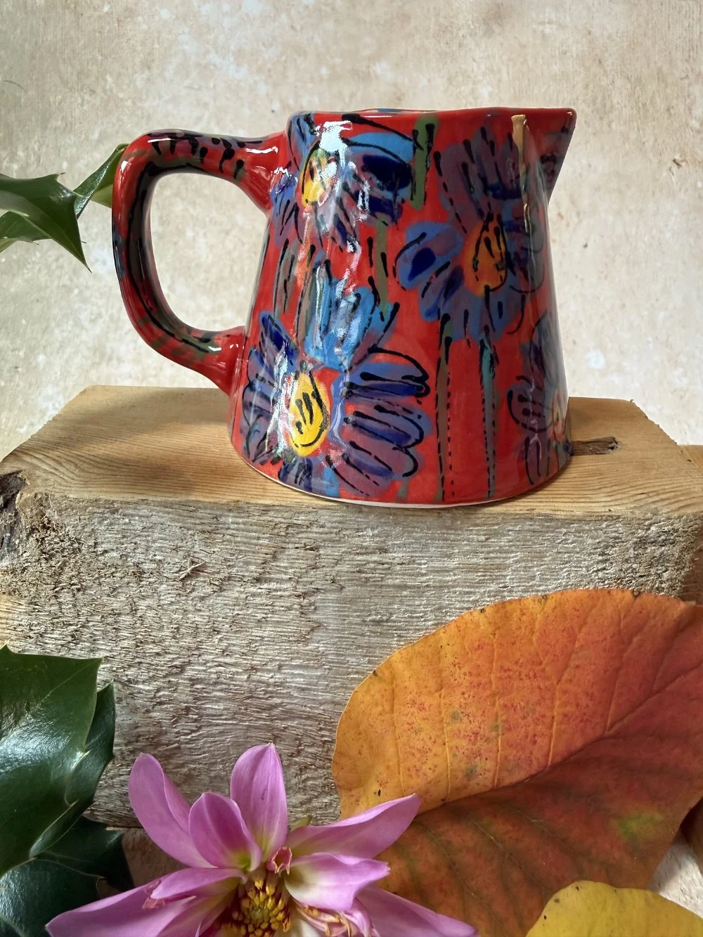 Blue Flowers on Red Tapered Jug