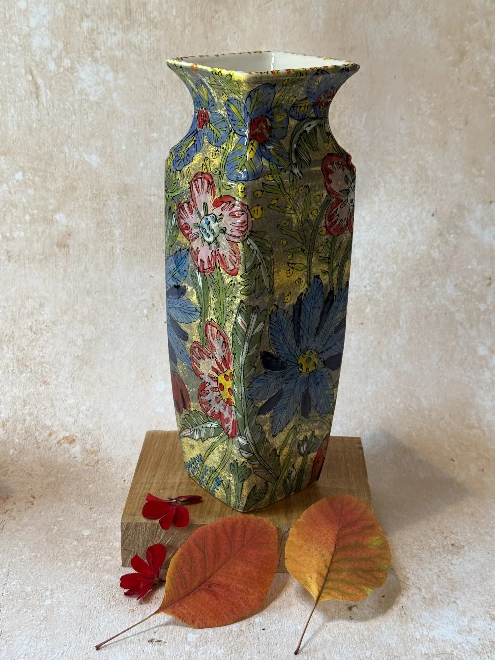 Old Silk Print on Mottled Grey Background Art Deco Vase