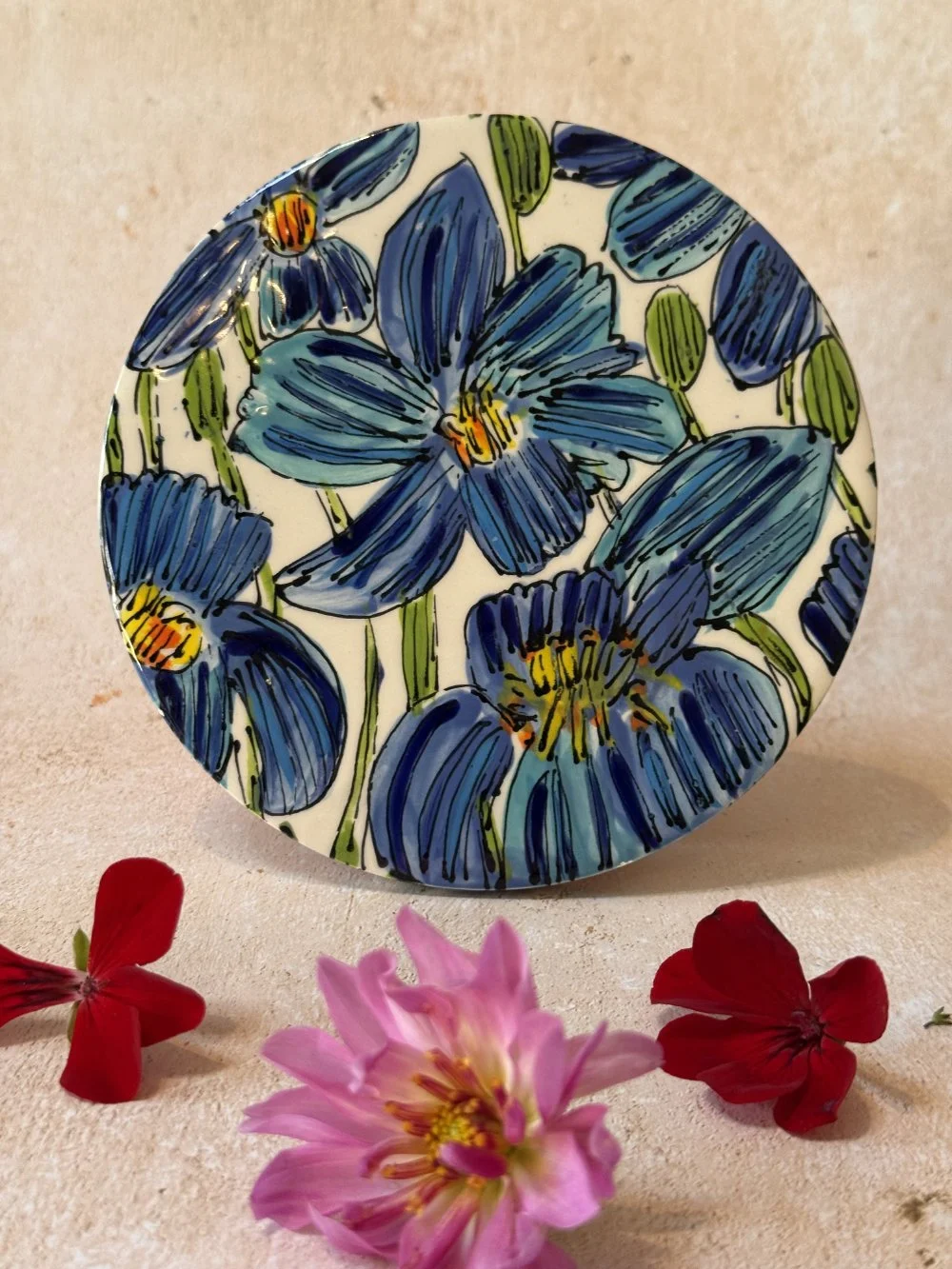 Turquoise Himalayan Poppies on White Coaster