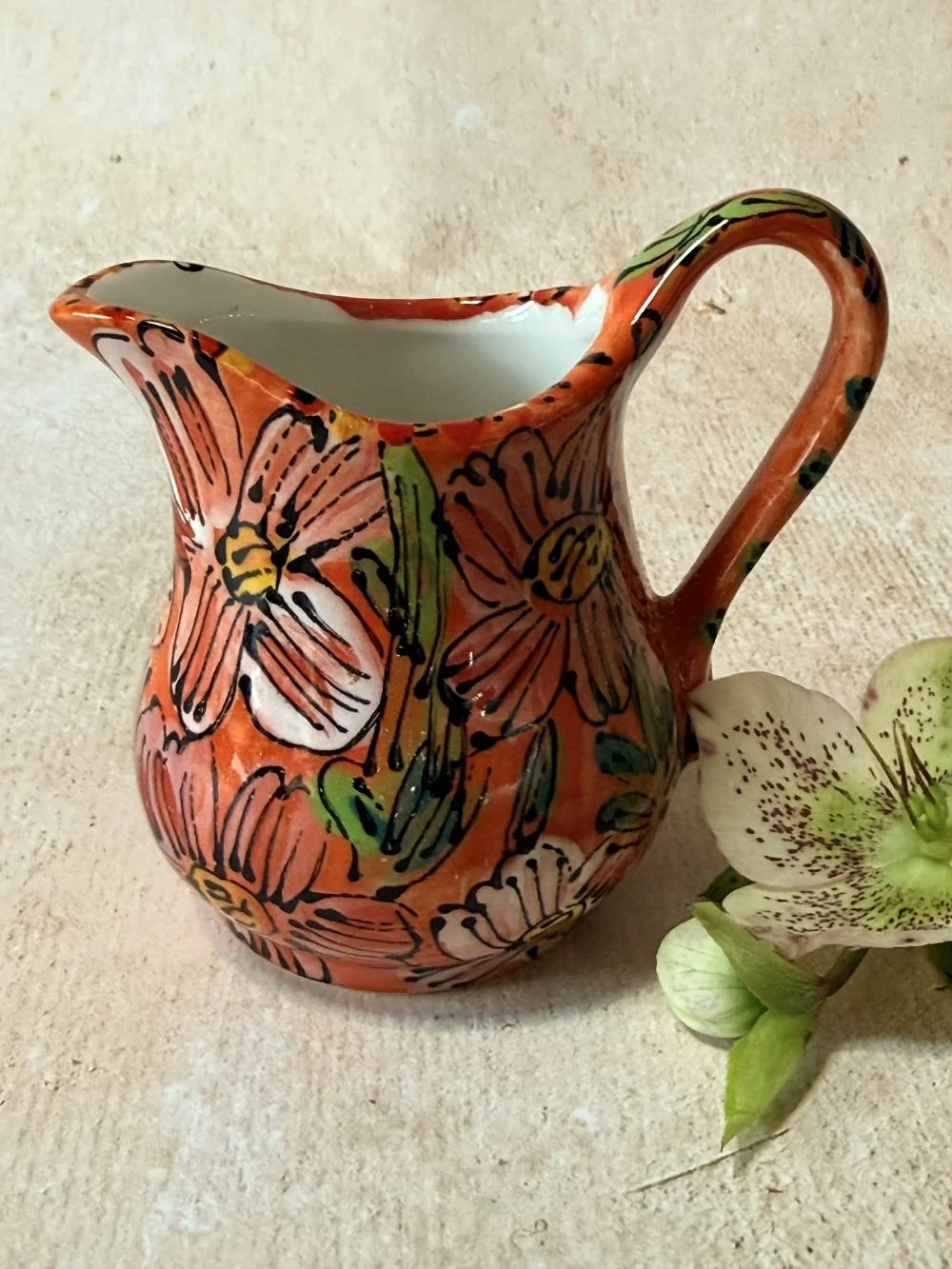 White Flowers on Orange Cream Jug