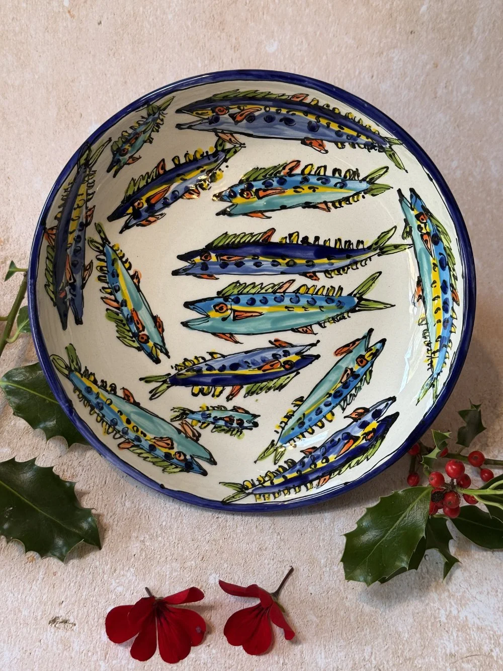 Mackerel on White Pasta Bowl 8 Inch