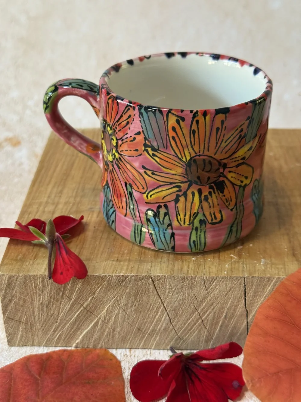 Yellow and Orange Flowers on Pink Baby Cup