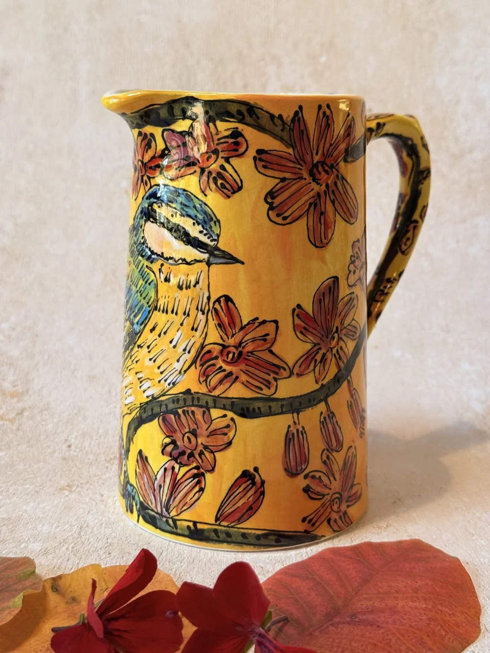 Blue Tit on Yellow Large Straight Vase