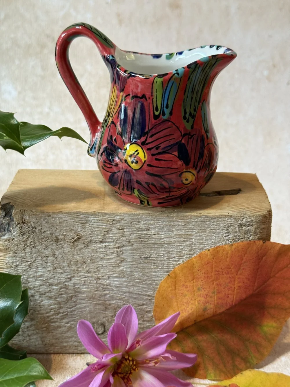 Deep Red Flowers on Dark Pink Cream Jug