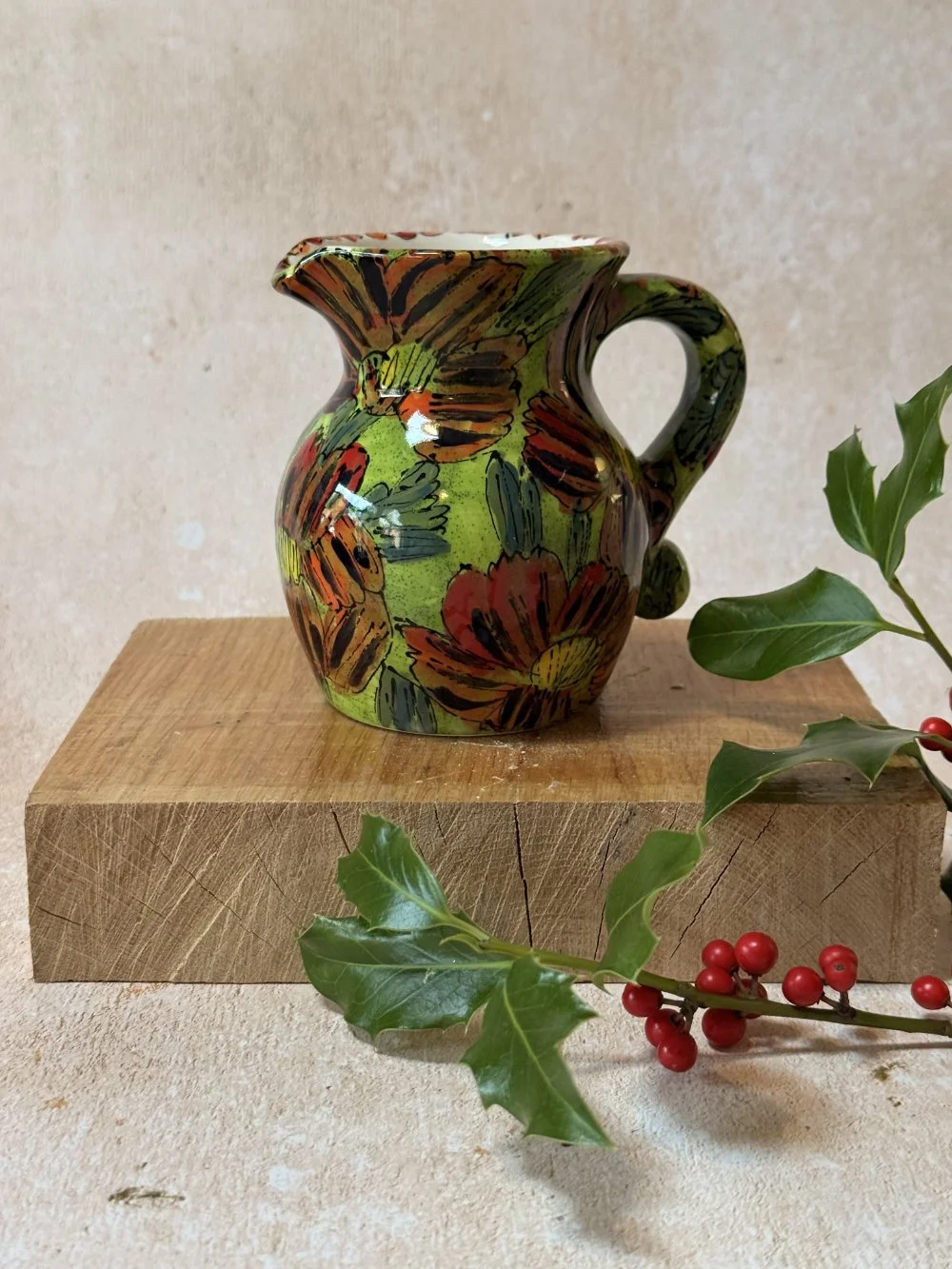 Red and Pink Flowers on Mottled Green Small Curvy Vase