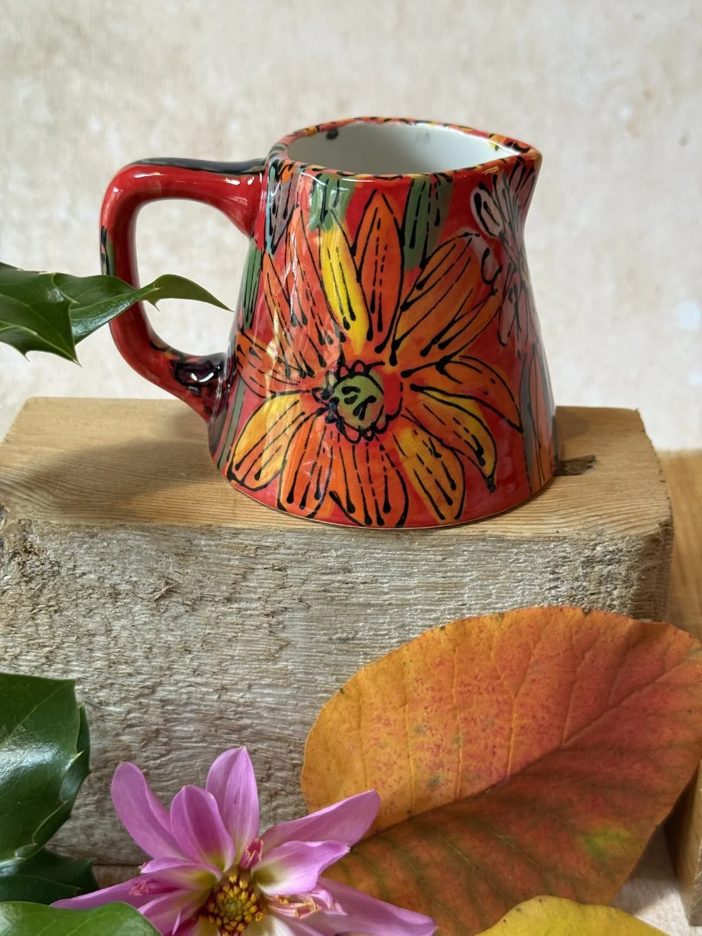 Yellow Flowers on Red Tapered Jug