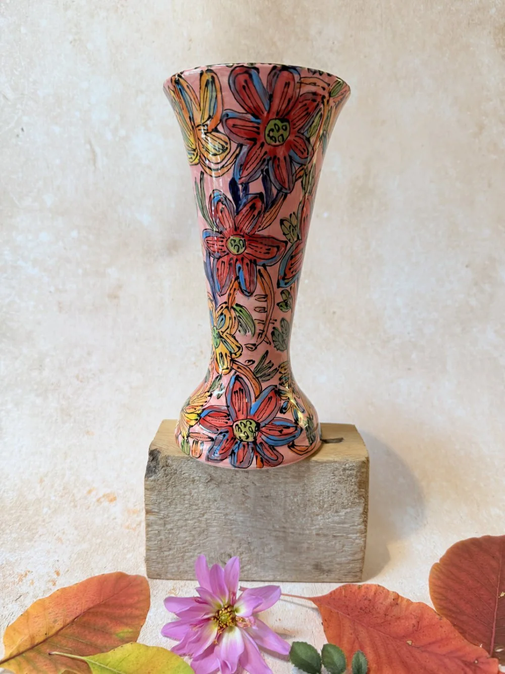Flowers on Pink Fluted Vase