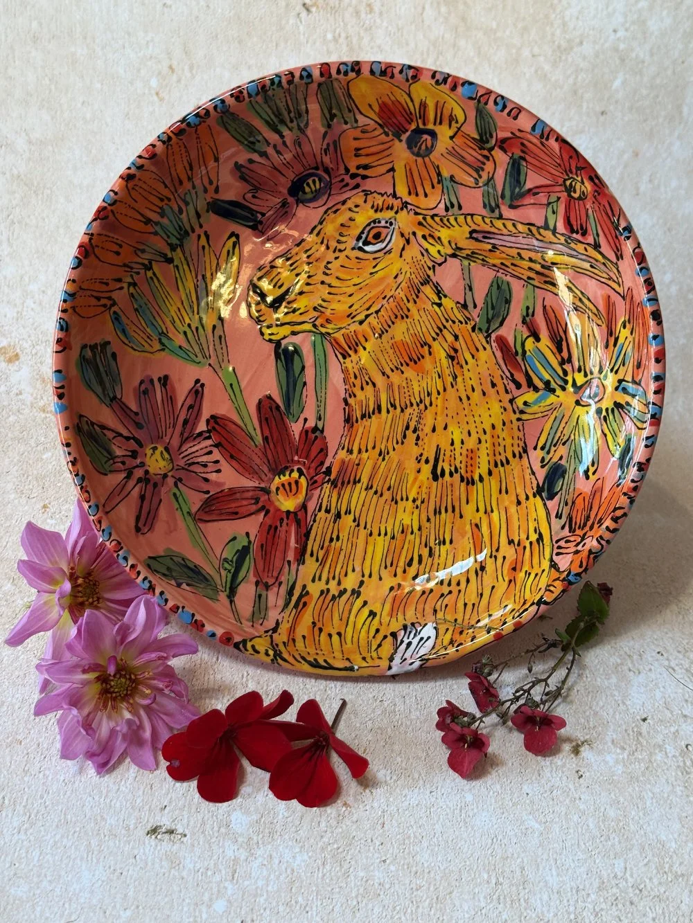 Hare on Pink Pasta Bowl 8 Inch