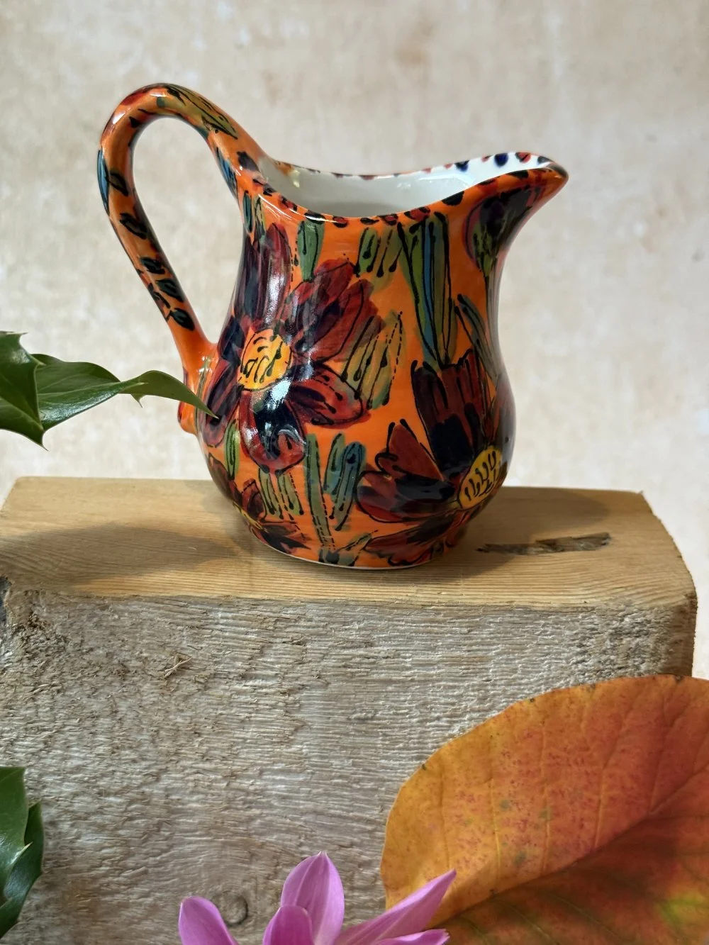 Red Flowers on Orange Cream Jug