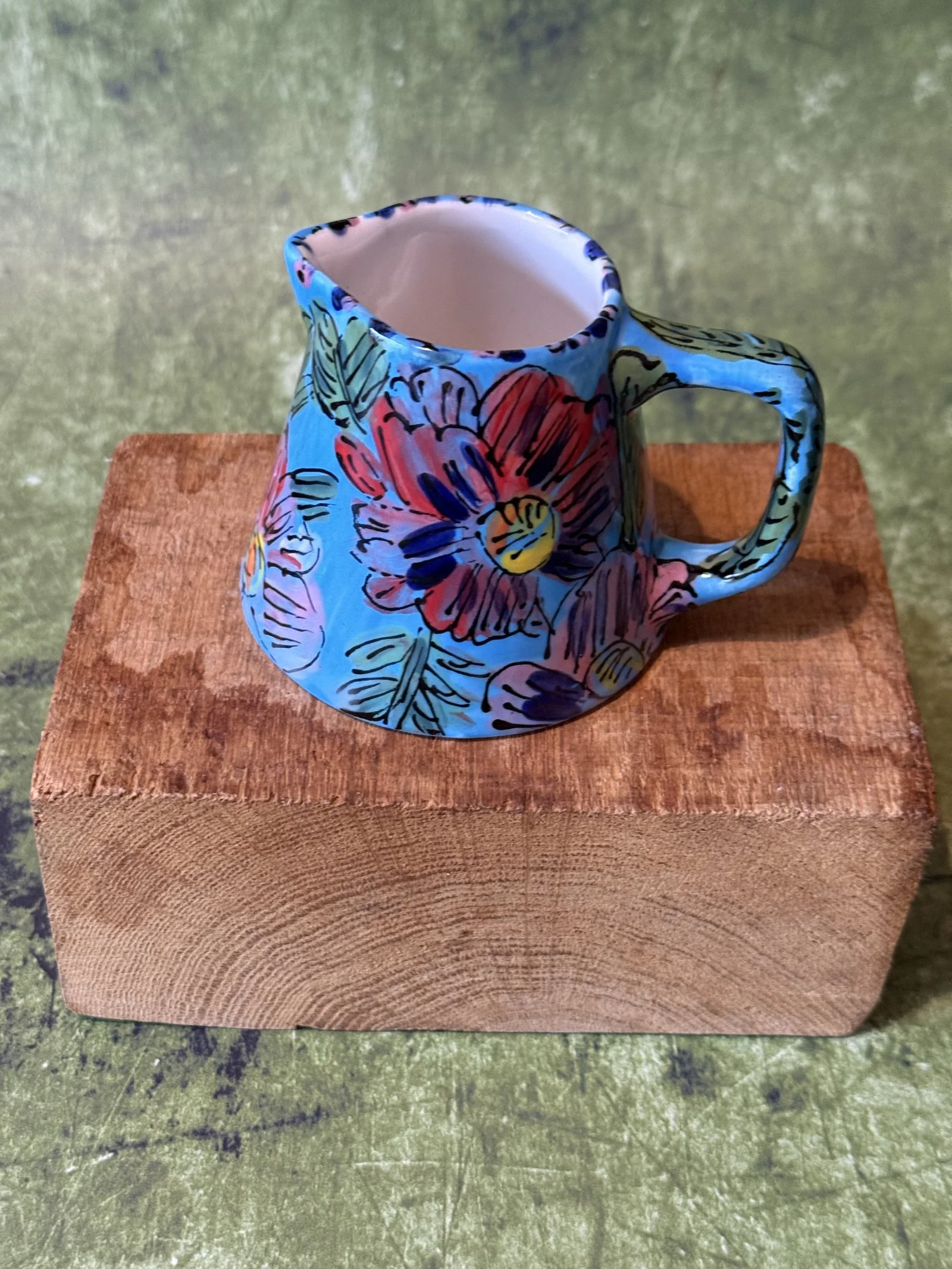 Pink Red Flowers on Turquoise Tapered Jug