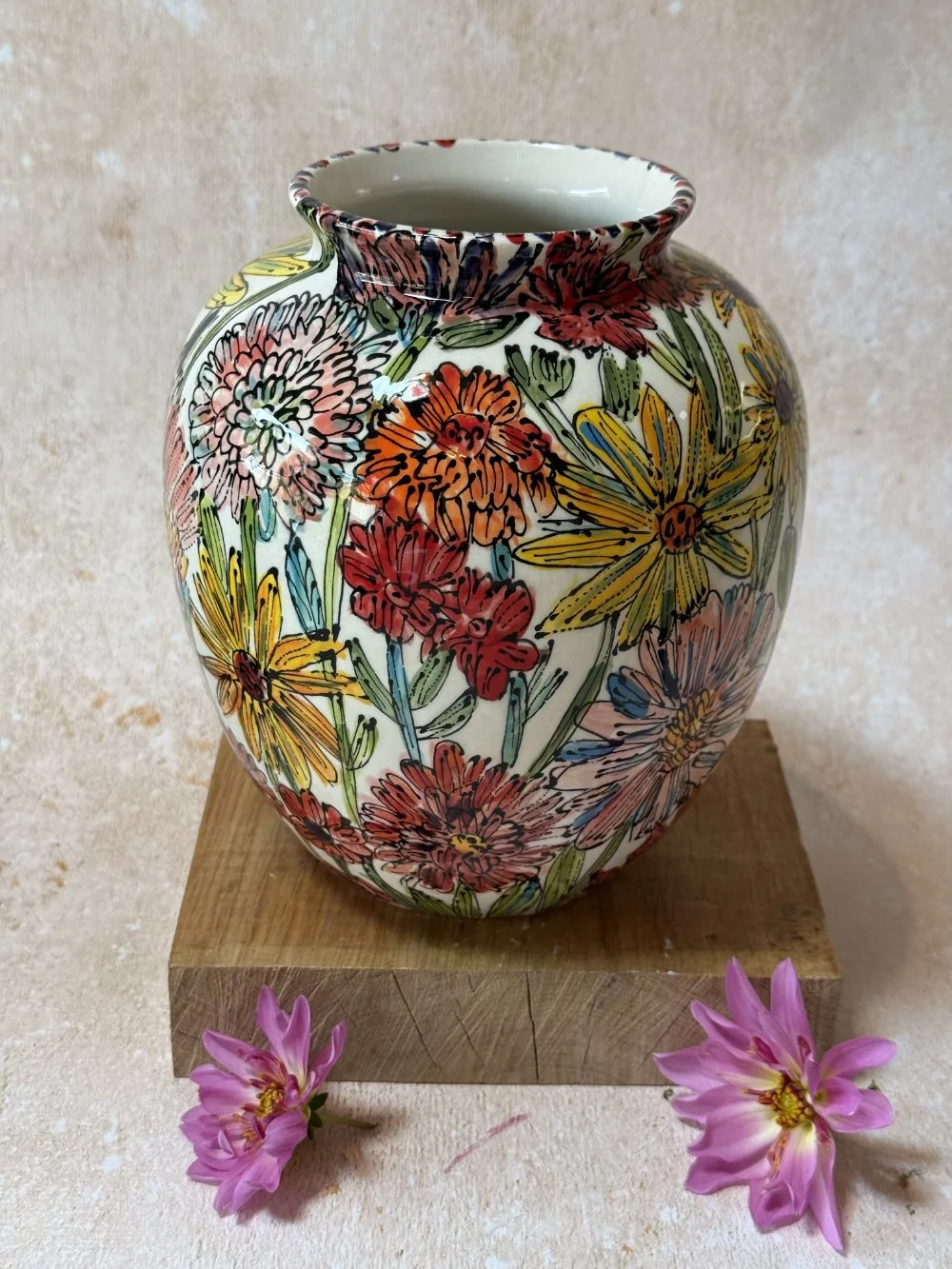 Flowers From Garden on White Large Squat Vase