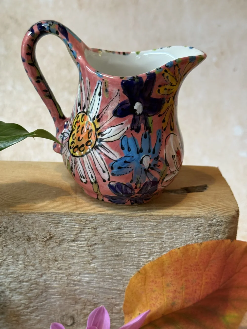 White and Blue Flowers on Pink Cream Jug