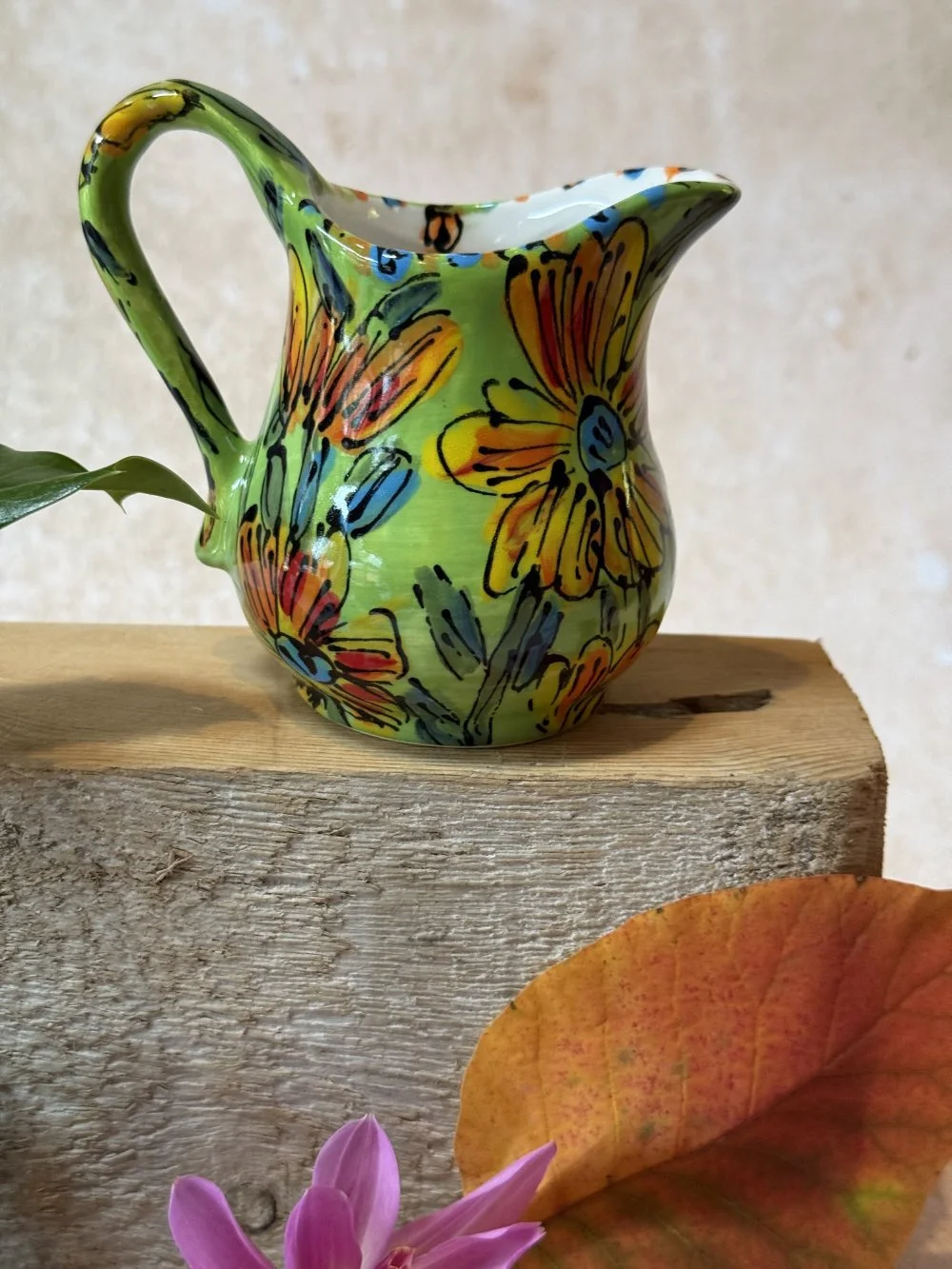 Yellow Flowers on Lime Cream Jug