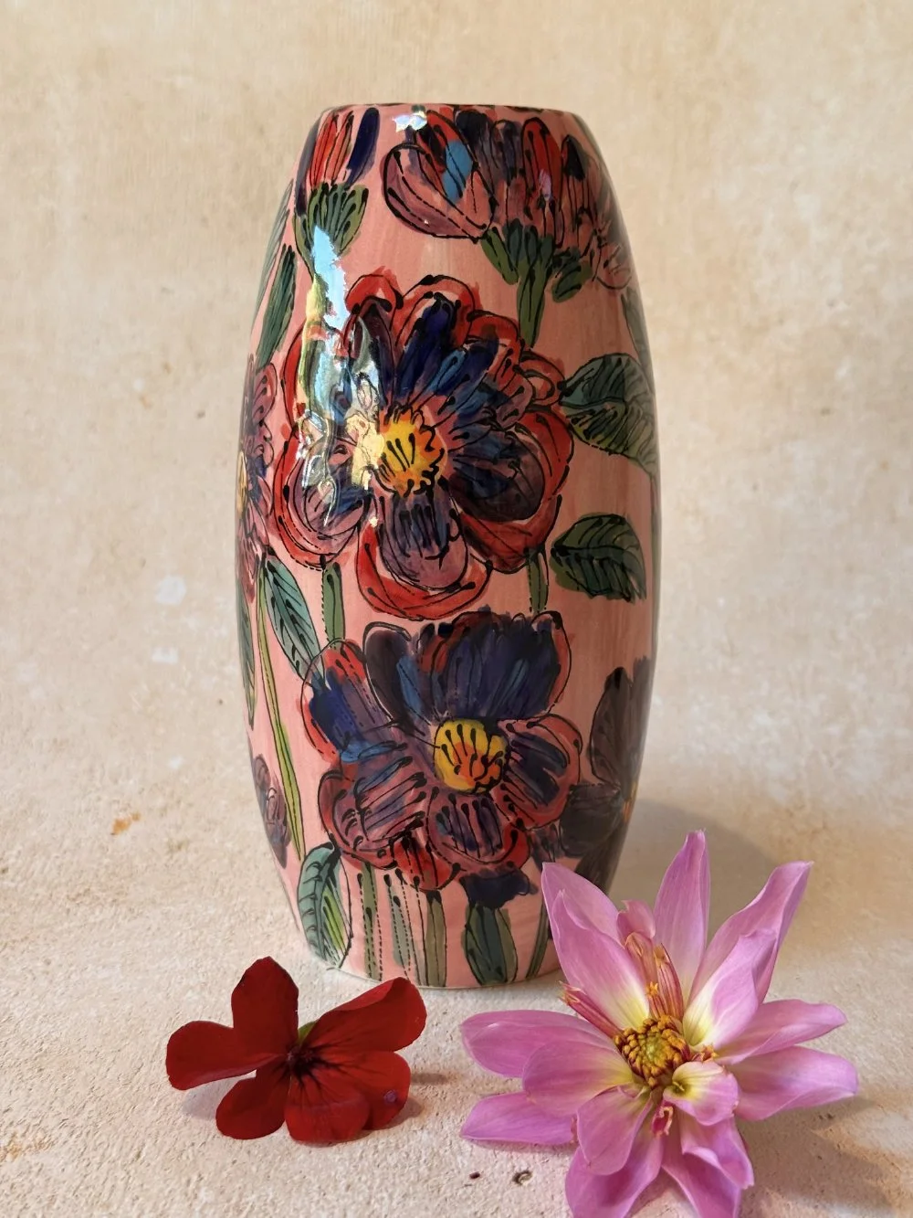 Roses on Pink Torpedo Vase