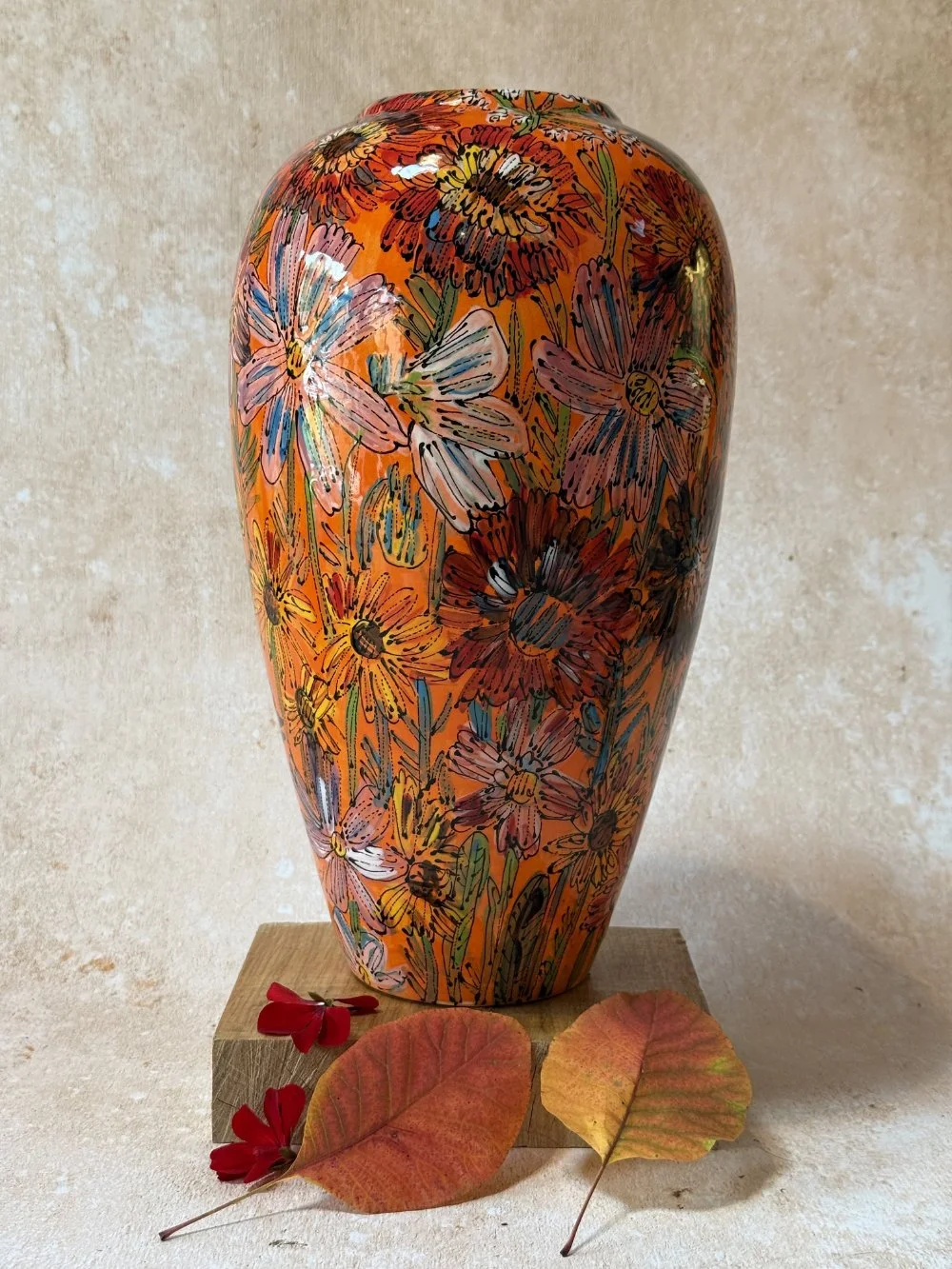 Autumn Flowers on Orange Lamp Base Vase