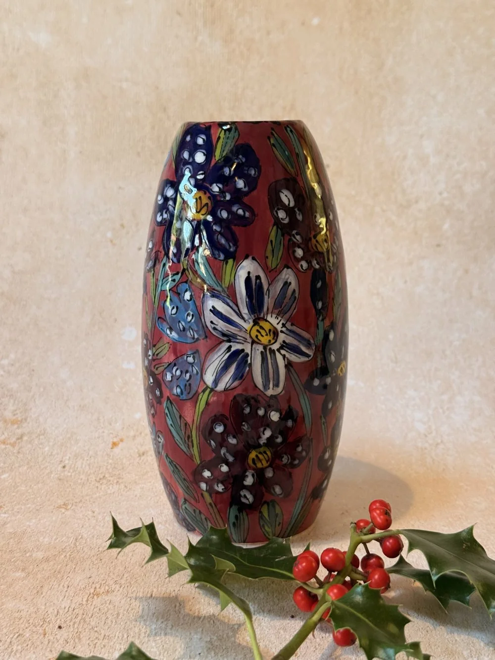 White Blue Flowers on Mauve Background Torpedo Vase