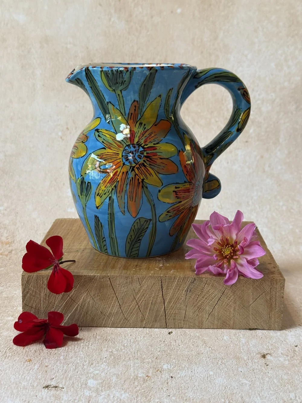Yellow Flowers on Turquoise Large Curvy Vase
